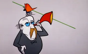 A cartoon man listening through a large ear trumpet